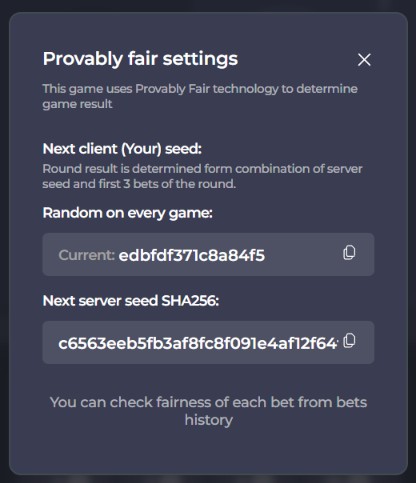 Provably fair setting snapshot by official demo
