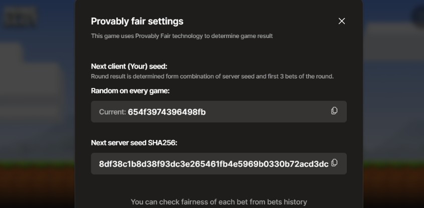 Provably fair setting available in each game session